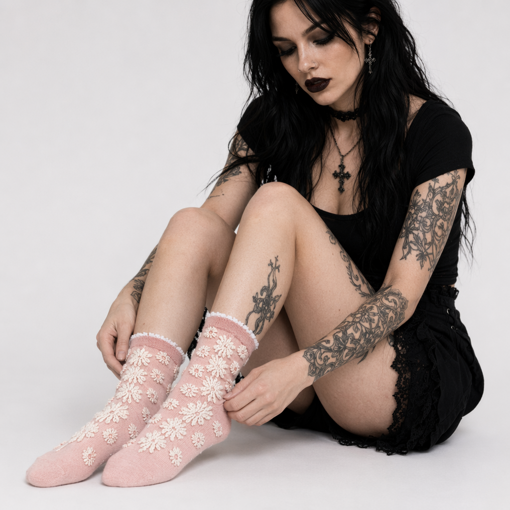 Pink Vintage Floral Socks for Kawaii and Fairycore Styles Set2-Pink style 2