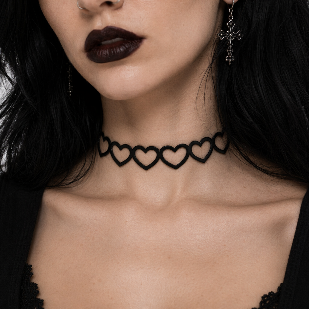 Jet Black Heart Choker Necklace for Chic Goth Fashion Hollow