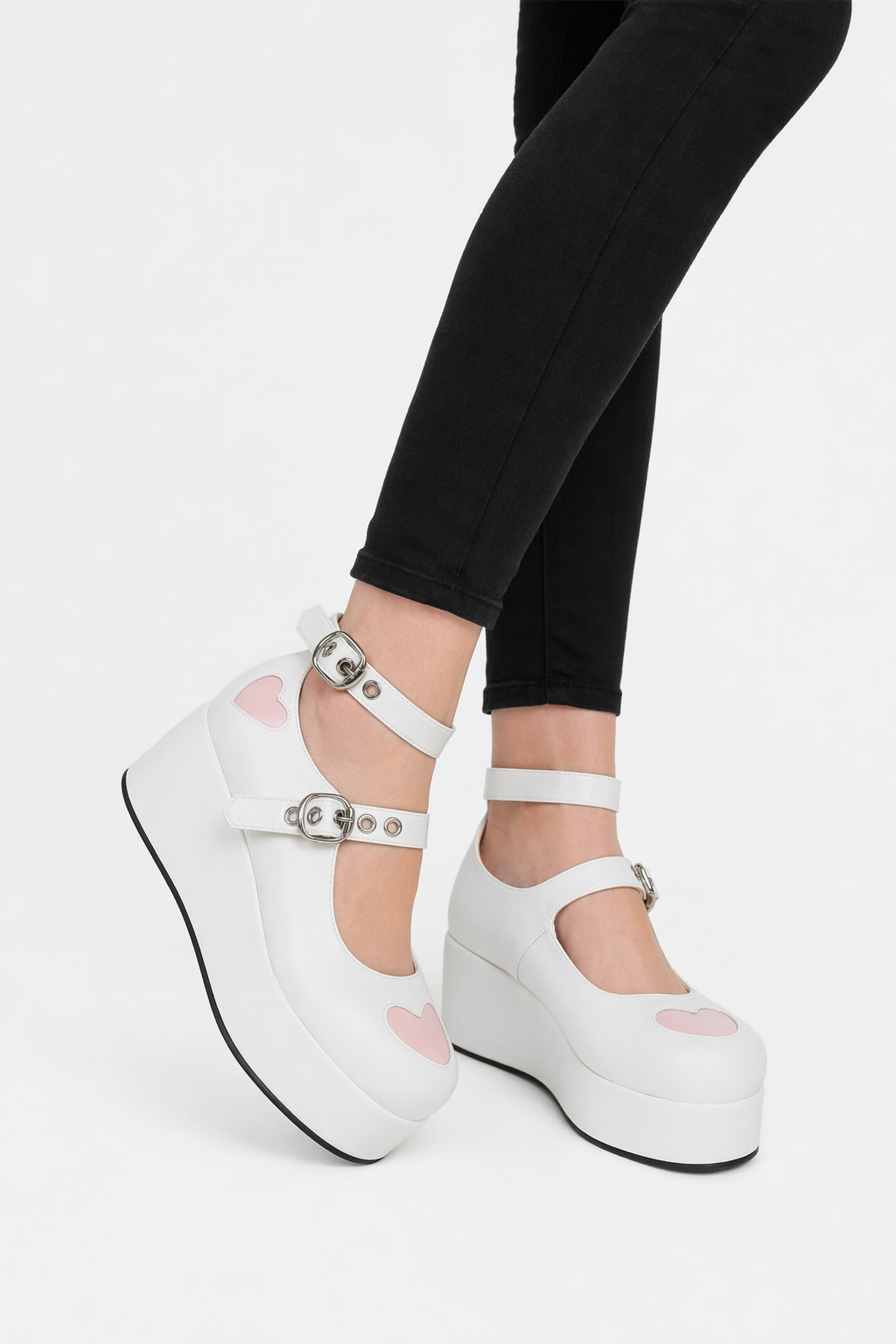 Babydoll Platform Wedge Mary Jane Shoes with Heart Buckle White Matte Big Heart