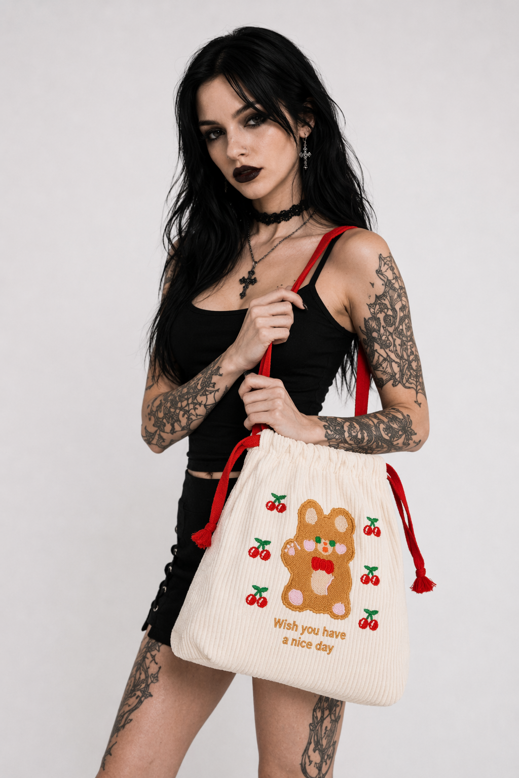 Baby Bear and Bunny Corduroy Drawstring Bags for Cute Belongings Brown