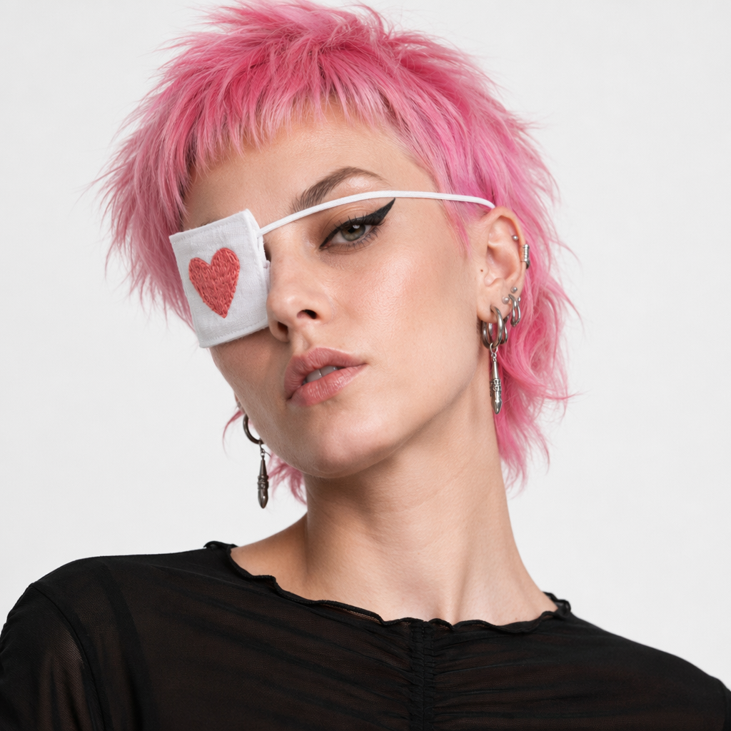 Menhera Inspired Eyepatch with Hand Embroidered Heart White