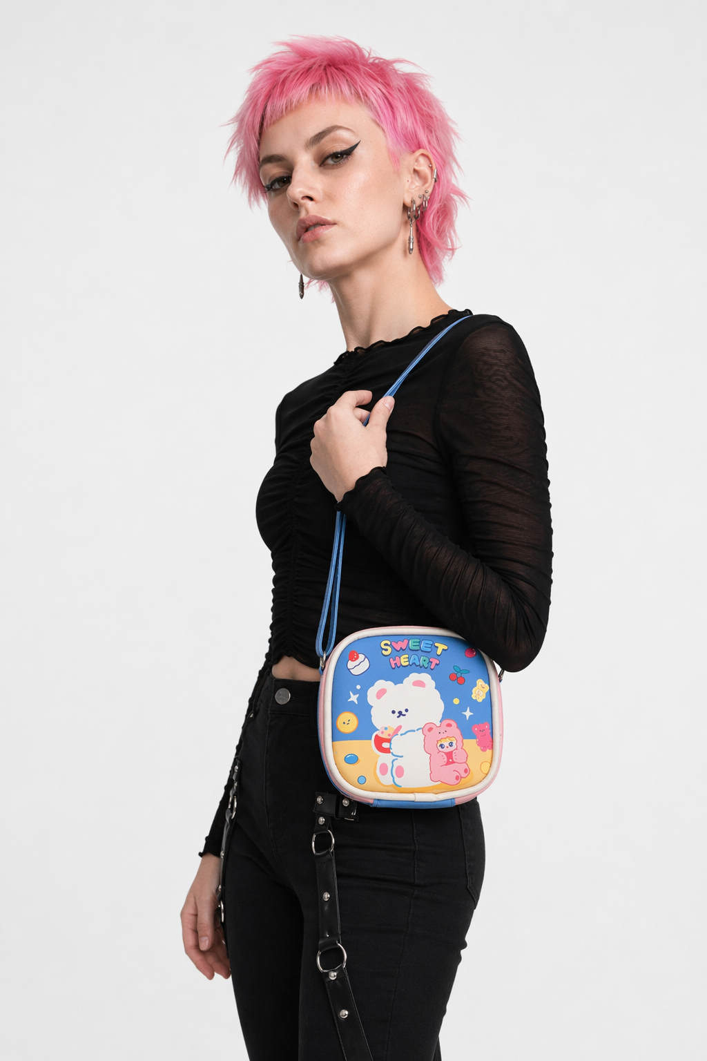 Bold Kawaii Patterned Pouch for Cords and Chargers Blue Sweet Heart Bear