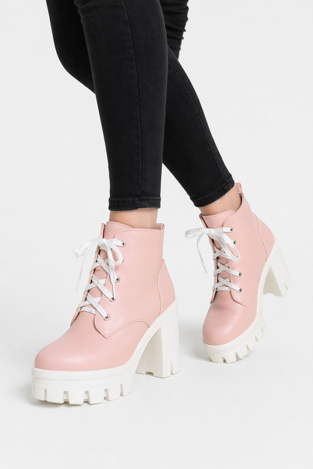 Chunky Square Heel Ankle Boots with Beautiful White Laces in Vegan Leather Pink