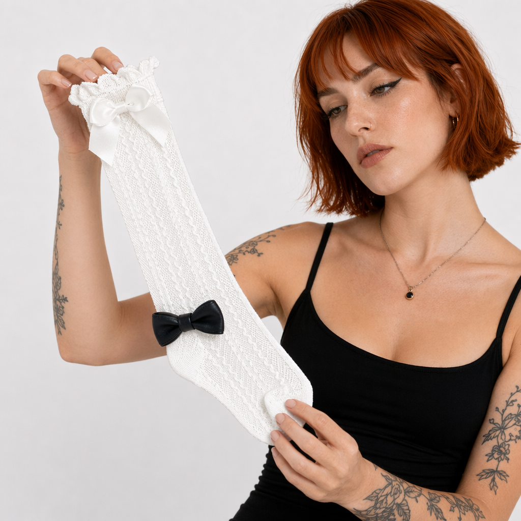 Lace Ankle-High Stockings with Strawberry Ribbon and Ruffle Top White Ruffles