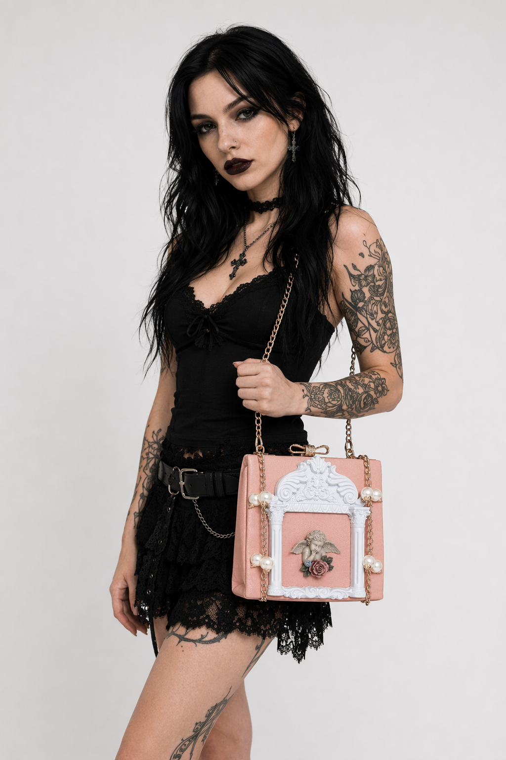 Luxury Vintage Victorian Angel Handbag with Cherub Design Pink