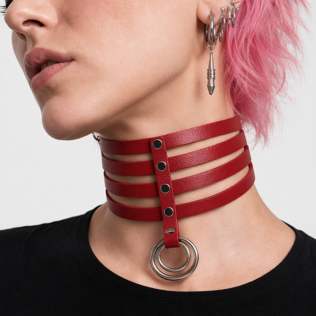 Vegan Leather High Elongated Collar with Built-in O-Ring Hook Red