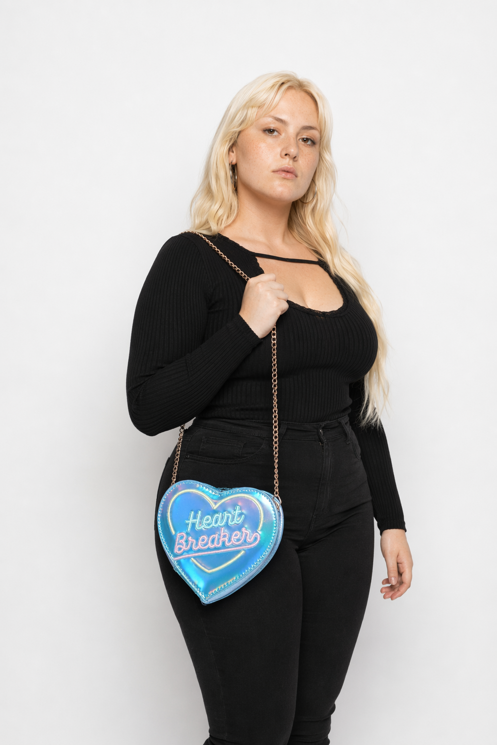 Adorable Heartbreaker Holographic Bag in Heart Shape Blue