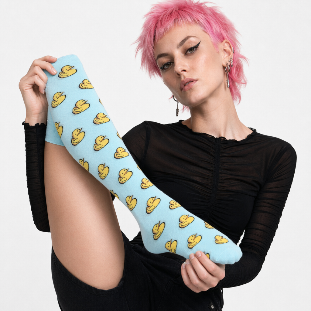 Blue and Yellow Ducky Knee Highs in Quality Cotton Fabric Default Title