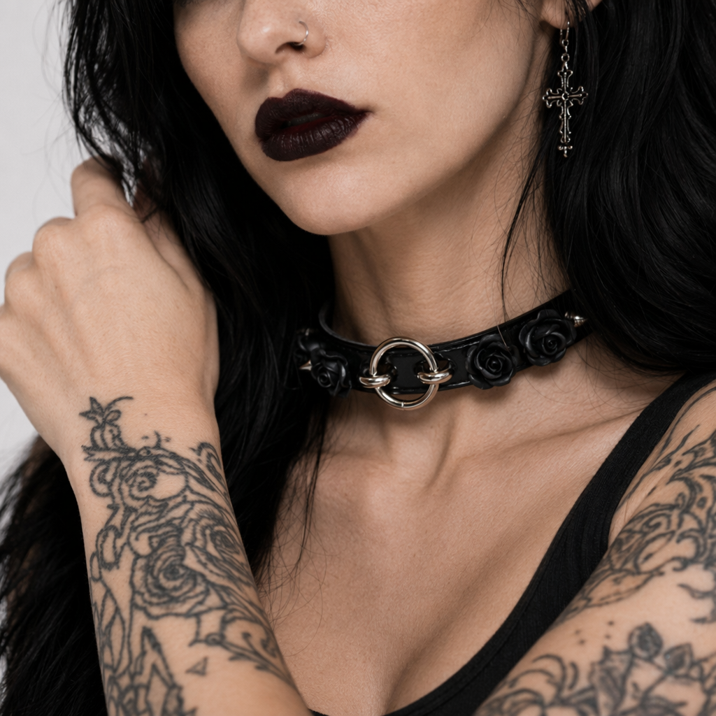 Vegan Leather O-Ring Floral Choker Necklace in Silver or Gold Default