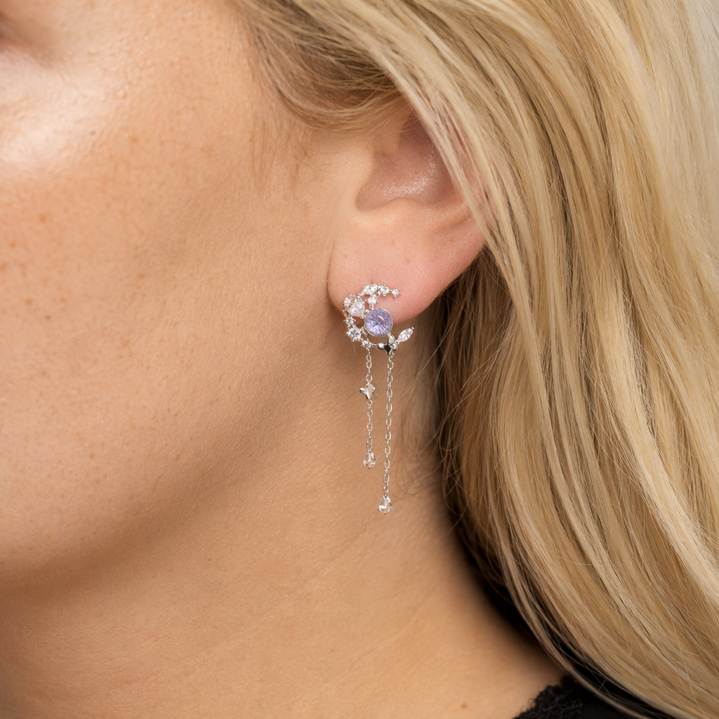 Dainty Crescent Moon Crystal Earrings with Rhinestones and Gems Crescent Moons