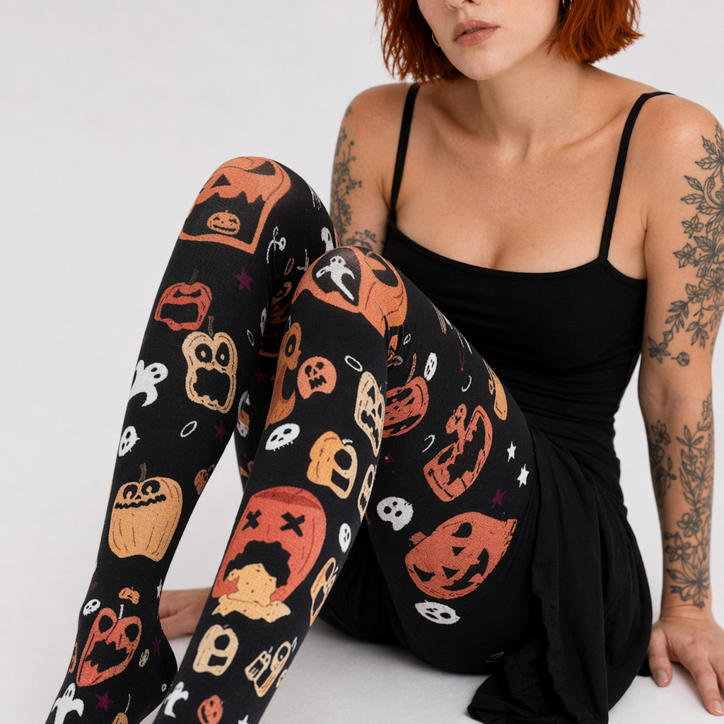 Gothic Halloween Stockings with Spooky Black and Orange Print Sickly Pumpkin