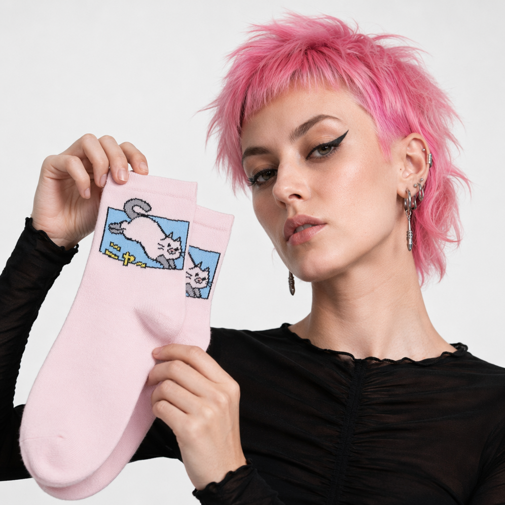 Kawaii Japanese Harajuku Cotton Prehistoric Socks Pink Cat