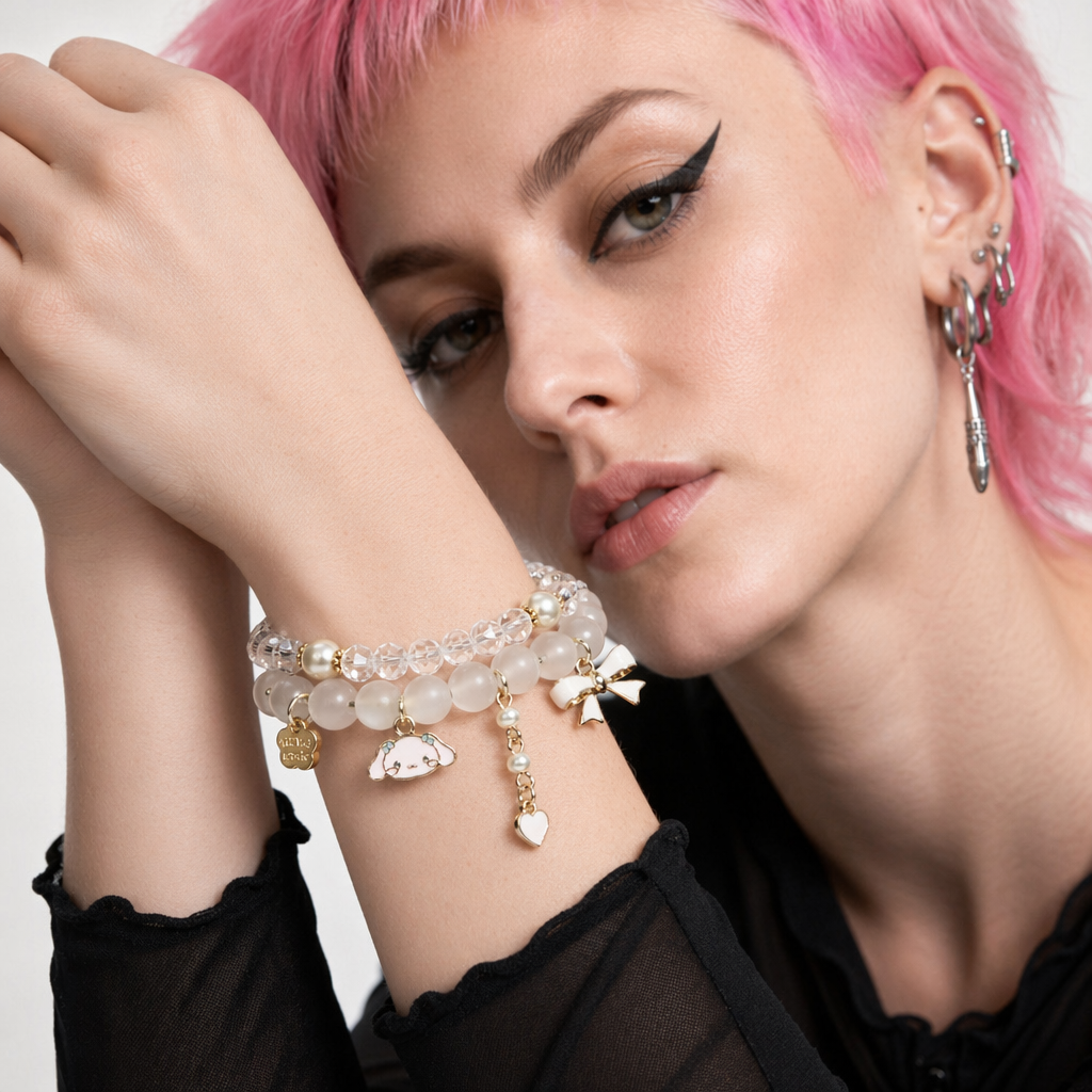 Kawaii Beaded Bracelets Inspired by Sanrio Characters White Bow Cinna