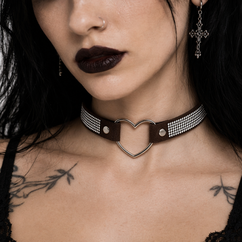 Rhinestone Heart Choker Necklace for Kawaii Aesthetic Princesses Dark Brown