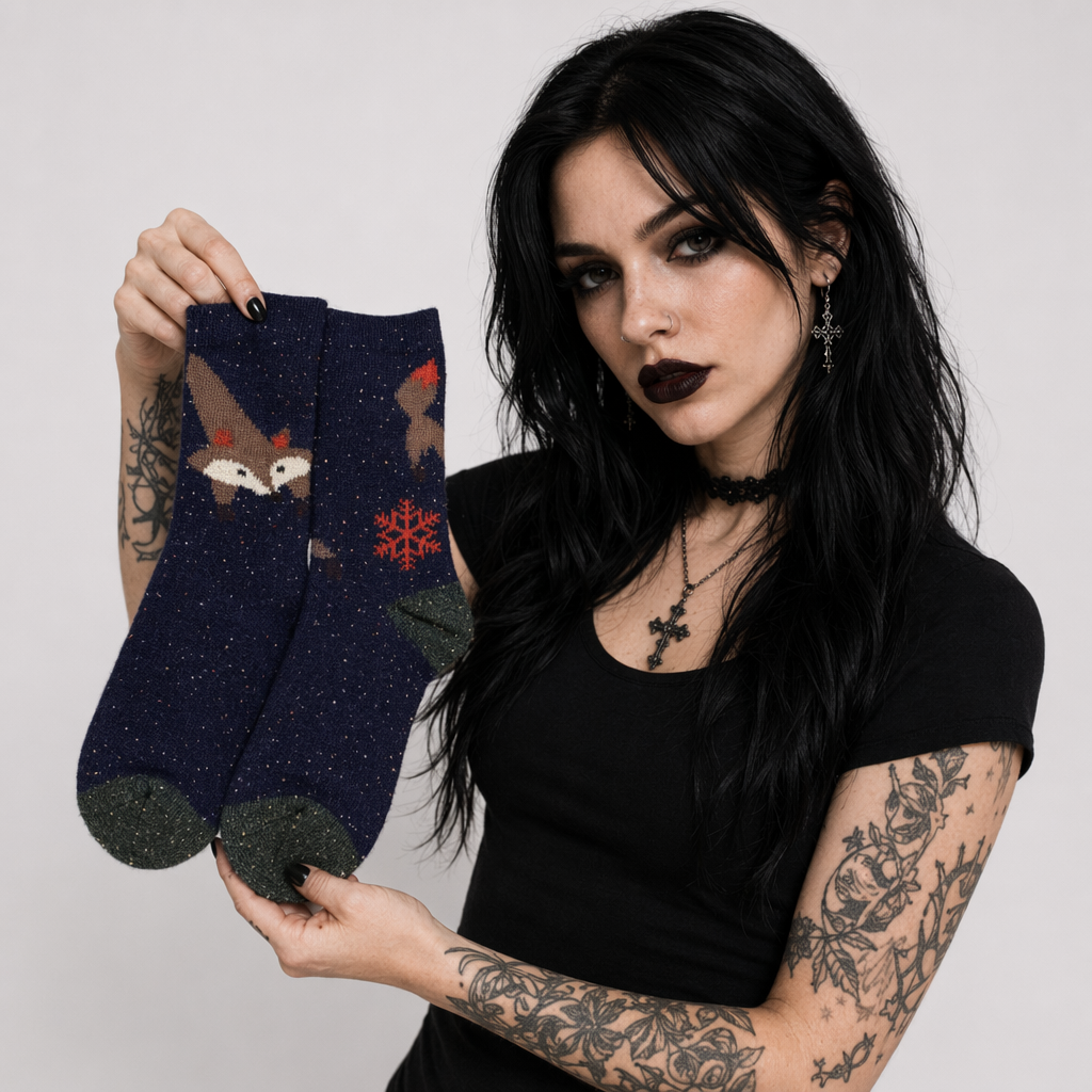 Snow Fox Christmas Socks with Embroidered Design and Vibrant Colors Navy Fox Snowflake