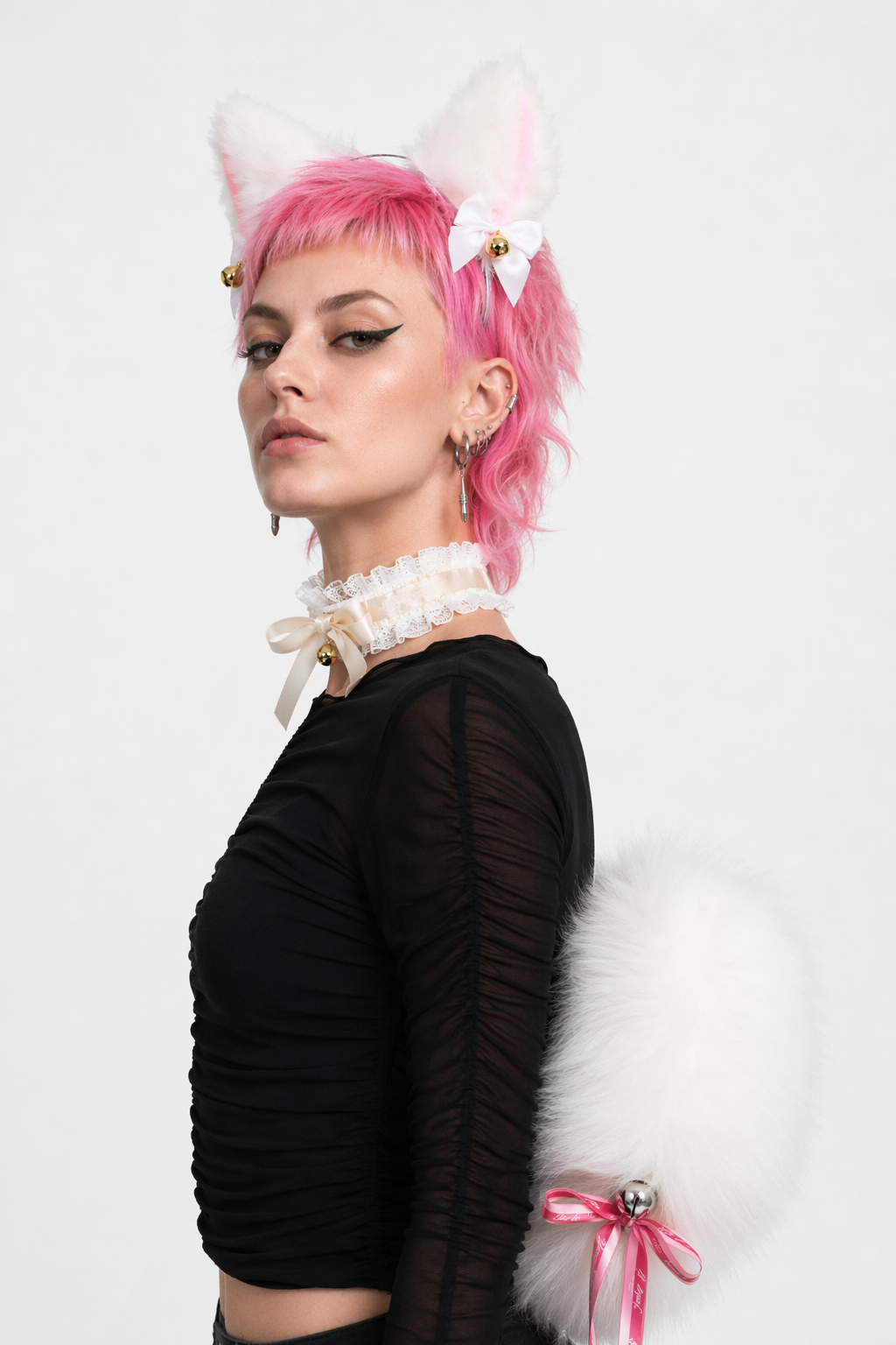 Luxurious Fox Cat Tail Set with Ear Headband and Lace Collar White