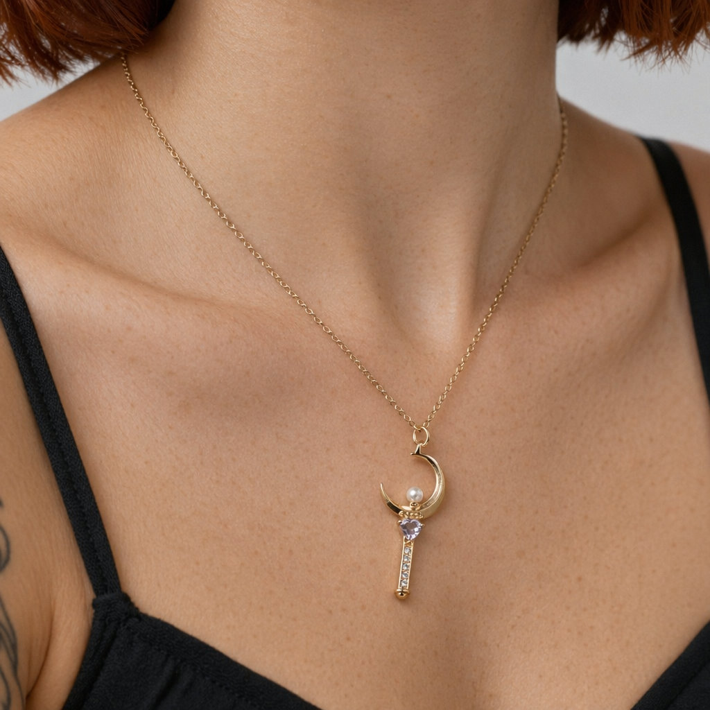 Gold Plated Magical Girl Inspired Necklace with Rhinestone Embellishments Moon Wand