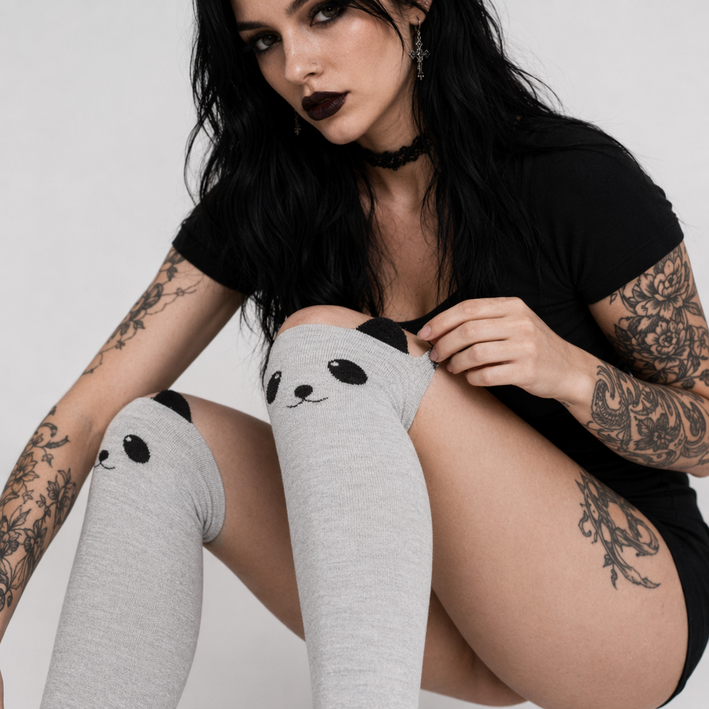 Soft Cotton Animal Thigh Highs for Littles Size XS-XL Gray Panda