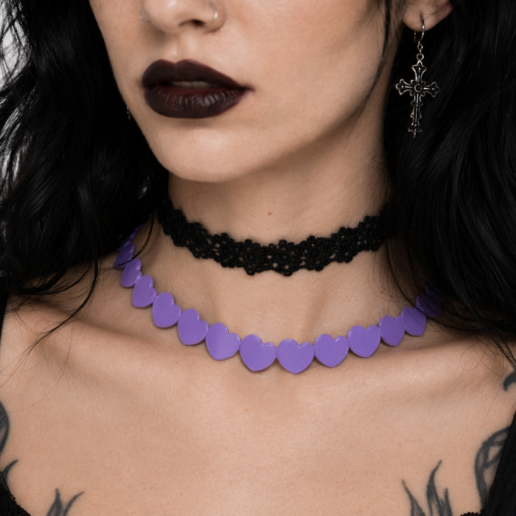 Pastel Heart Tattoo Necklace with Clasp Closure for a Dainty Look Purple