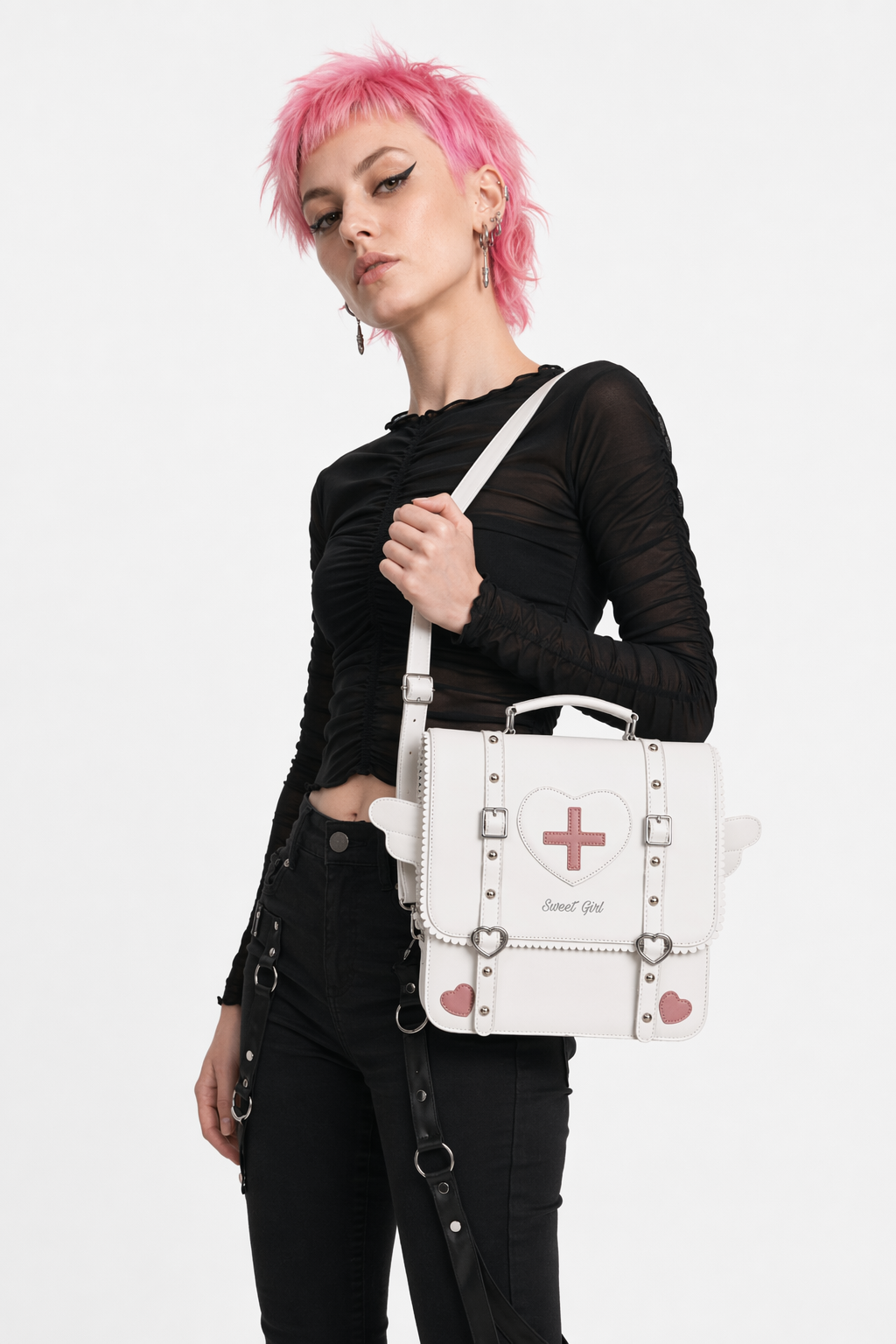 Menhera Inspired Paste Goth Backpack Purse with Heart Design White