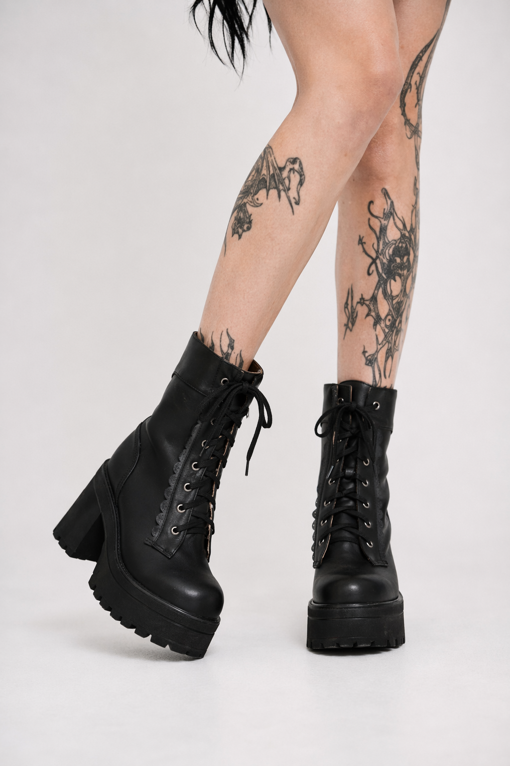 Chunky Ankle Booties with Lace Trim and Leopard Print Lining Black