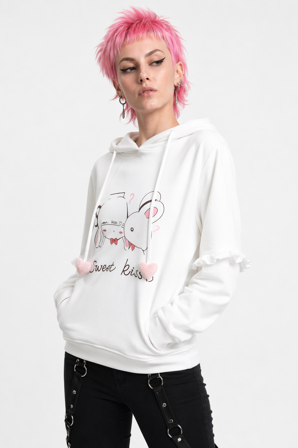 Cute White Baby Kisses Hoodie with Bunny Ears for Kawaii Fashion Default Title