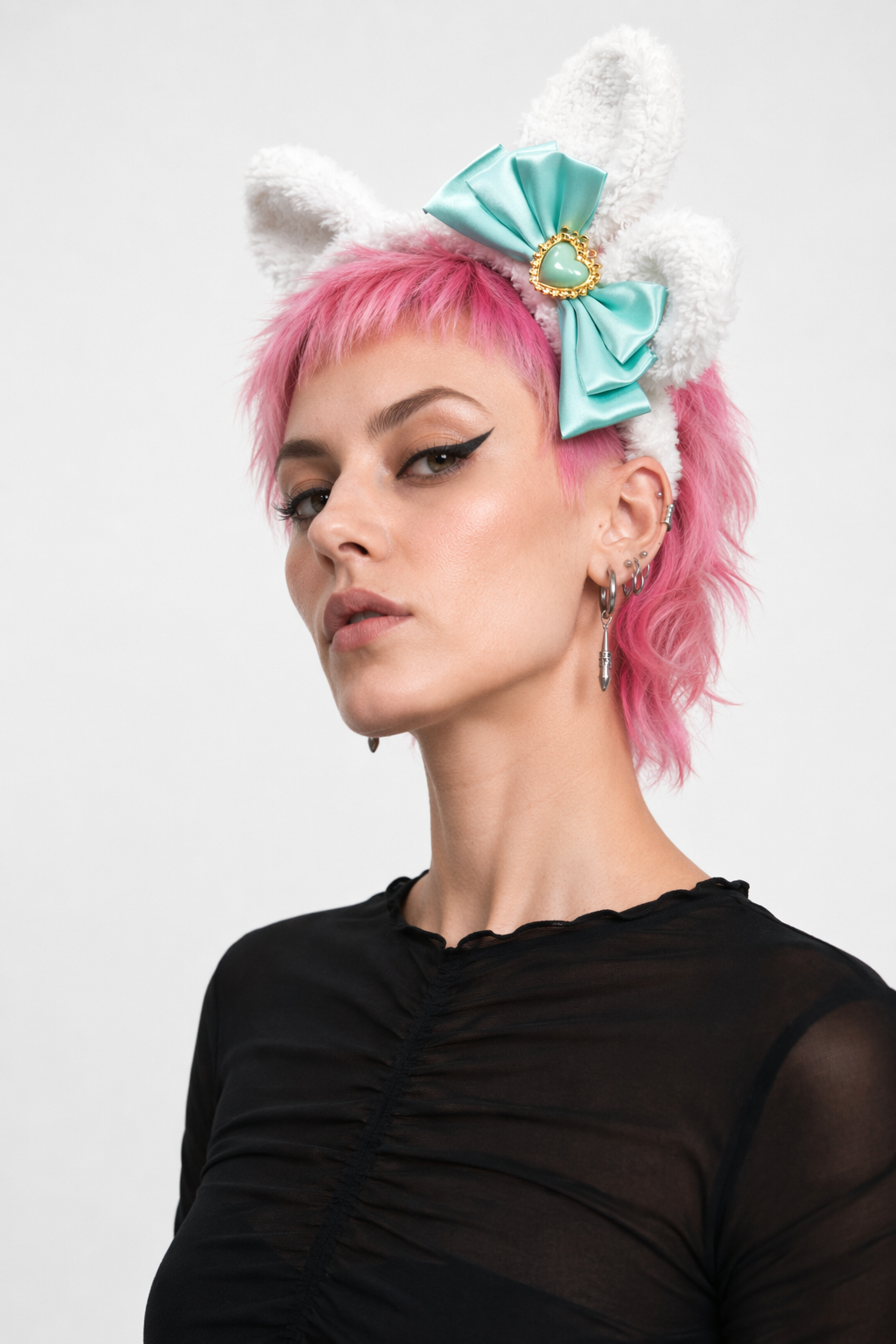 Luxurious Bunny Ears Headband with Satin Ribbons and Jewels Emerald