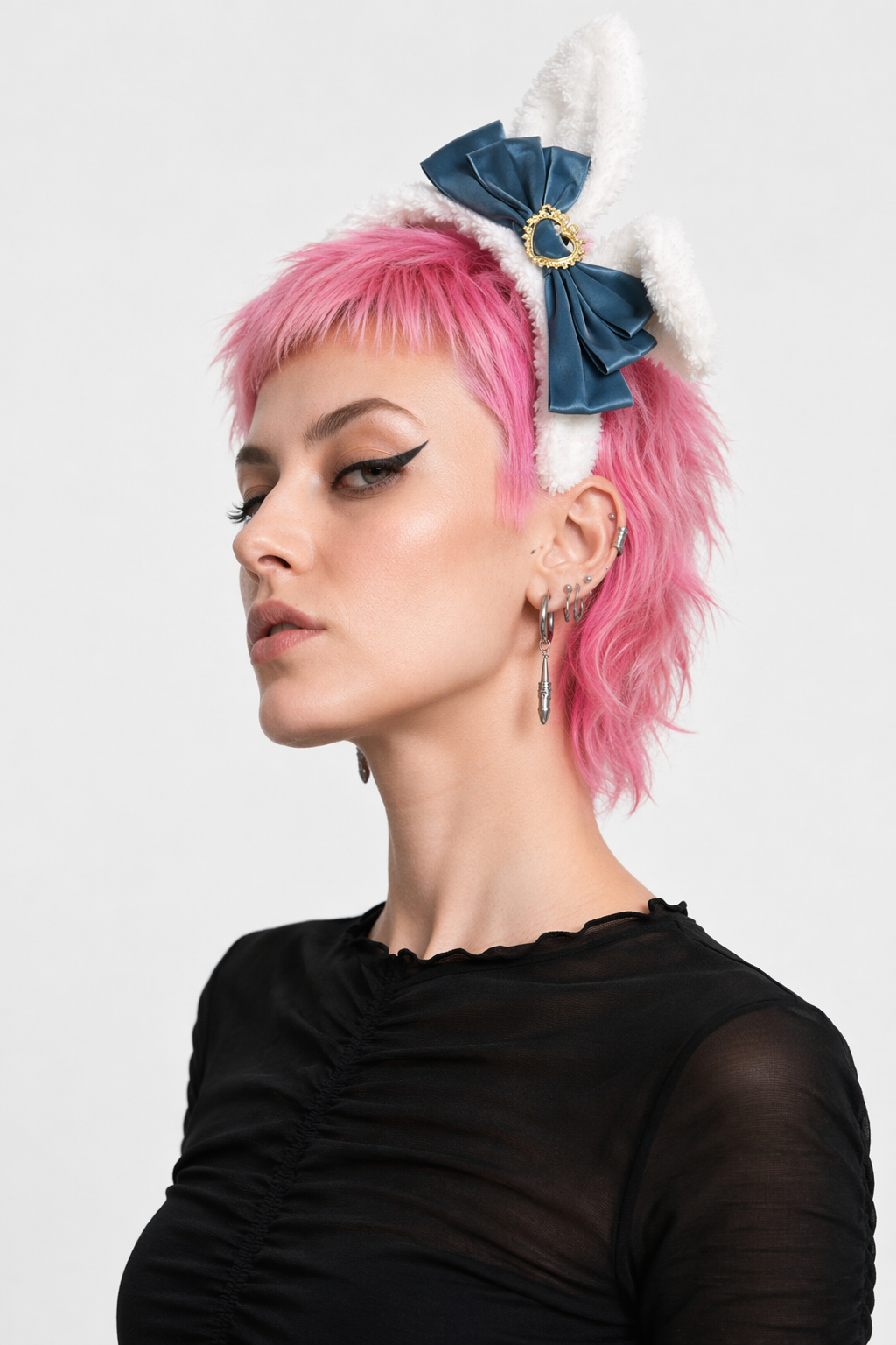 Luxurious Bunny Ears Headband with Satin Ribbons and Jewels Dark Blue