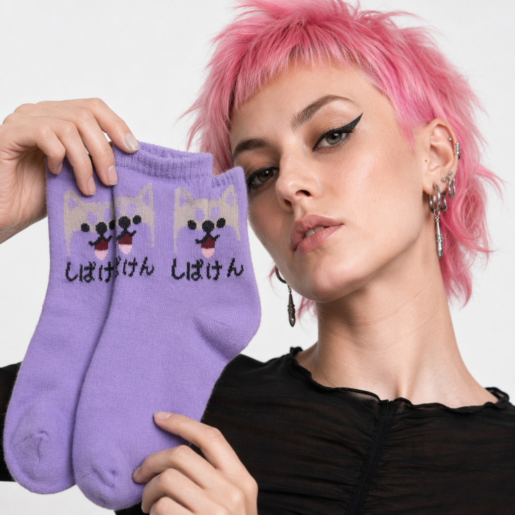 Kawaii Japanese Harajuku Cotton Prehistoric Socks Purple Dog