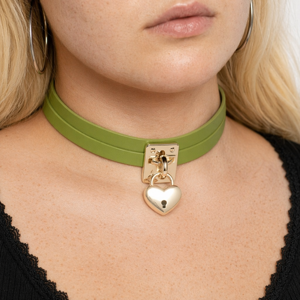 High Quality Vegan Leather Heart Locket Choker in Gold Green