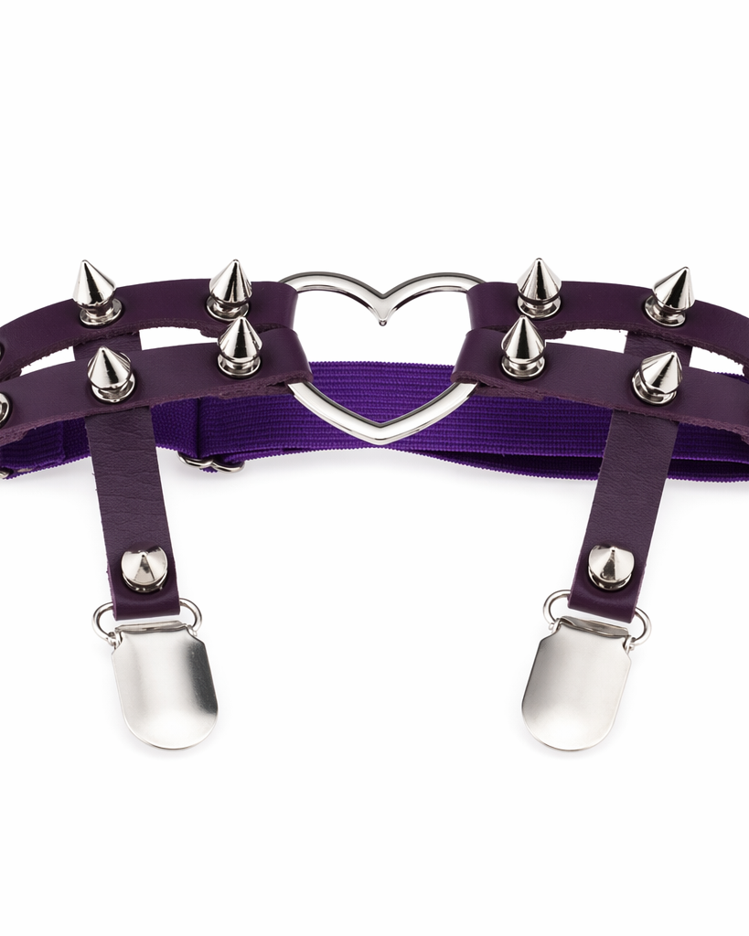 Spiky Garter Belt with Punk Rock Style and Metal Heart Dark Purple