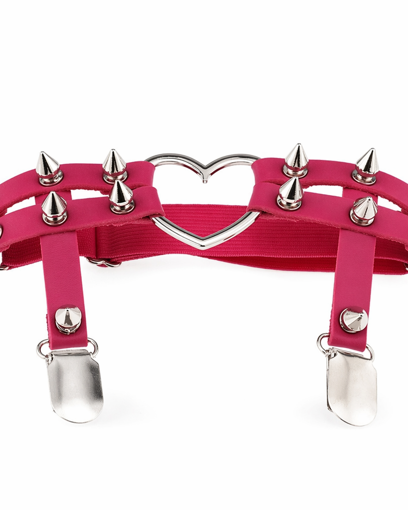 Spiky Garter Belt with Punk Rock Style and Metal Heart Dark Pink