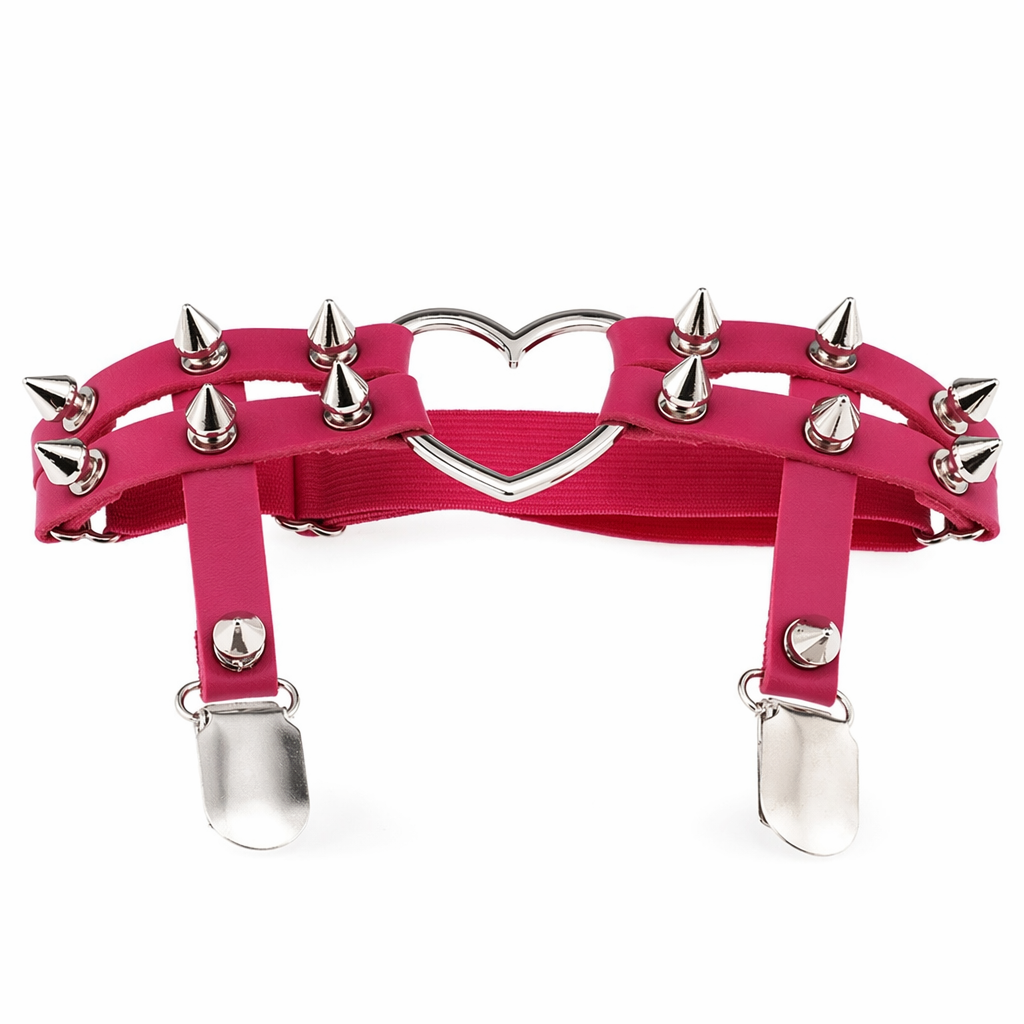 Spiky Garter Belt with Punk Rock Style and Metal Heart Dark Pink