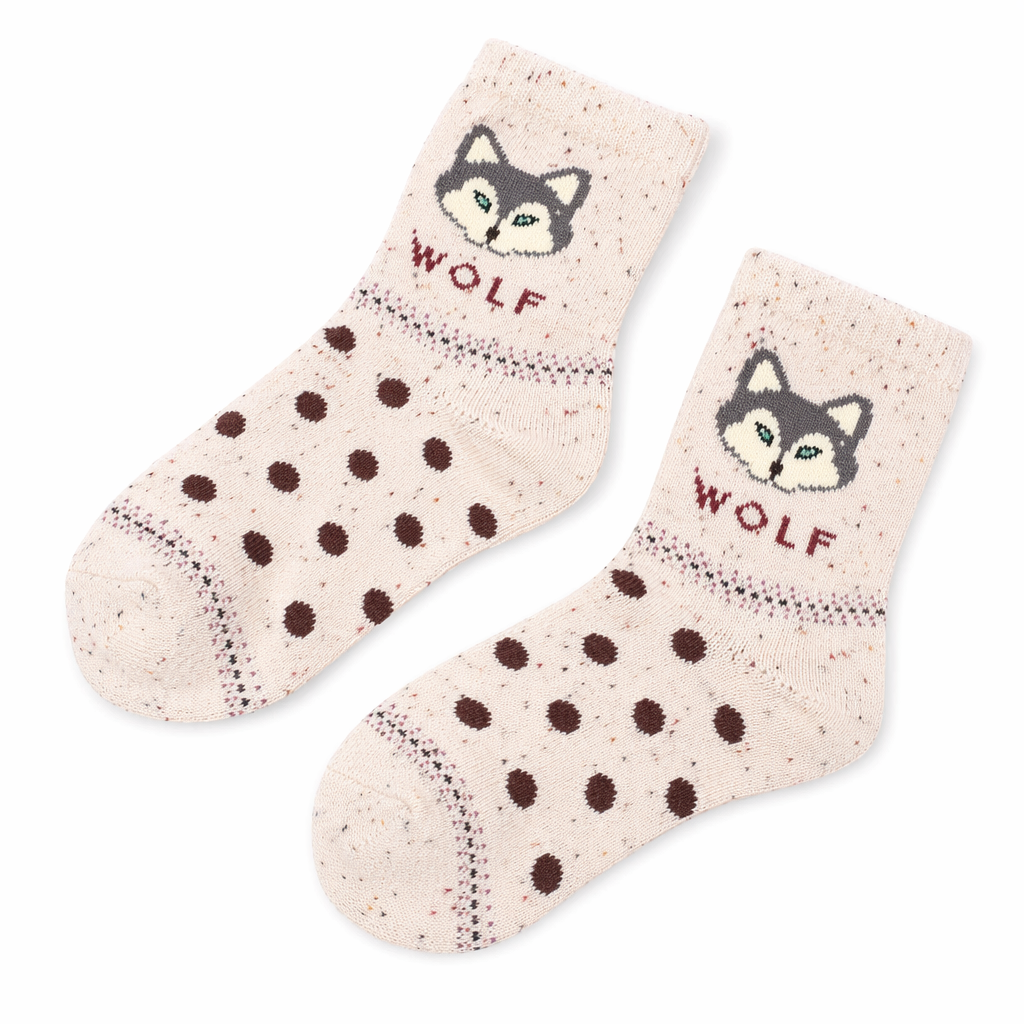 Snow Fox Christmas Socks with Embroidered Design and Vibrant Colors Beige Wolf