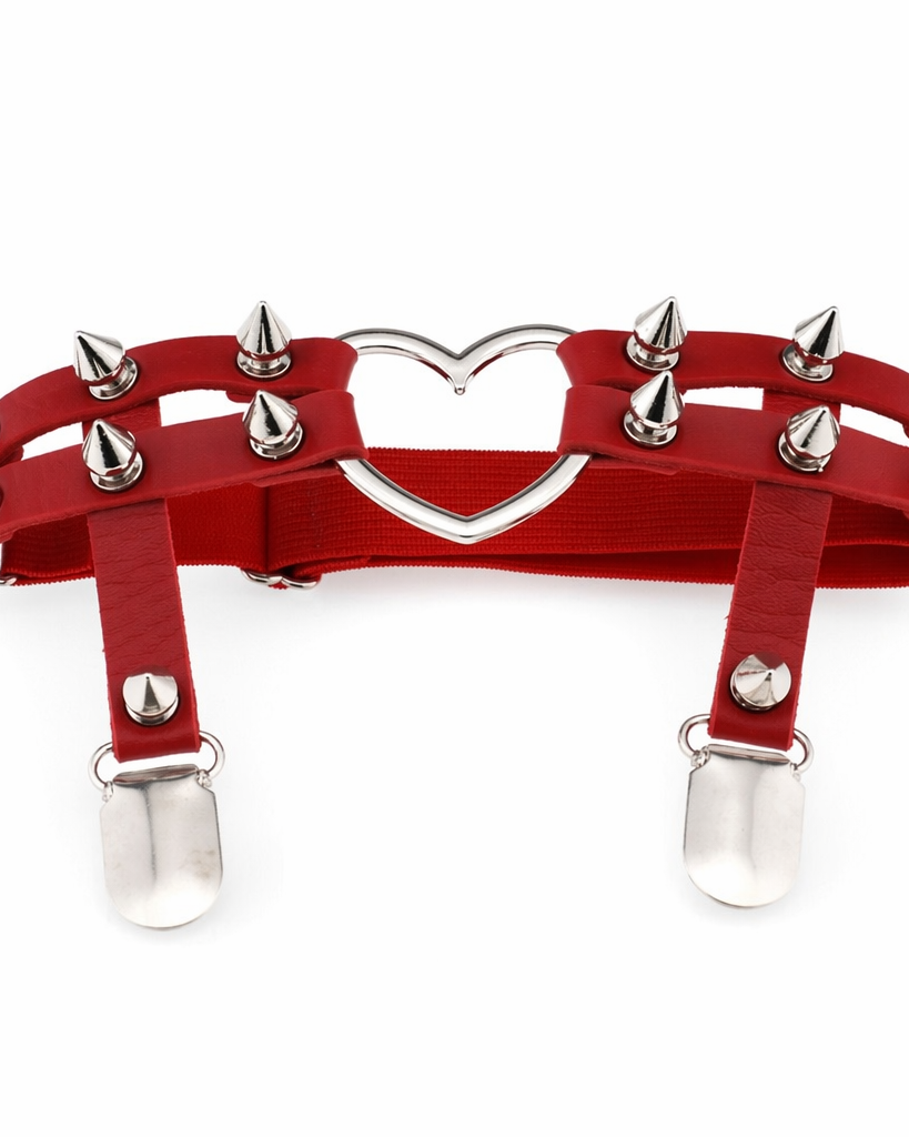 Spiky Garter Belt with Punk Rock Style and Metal Heart Red