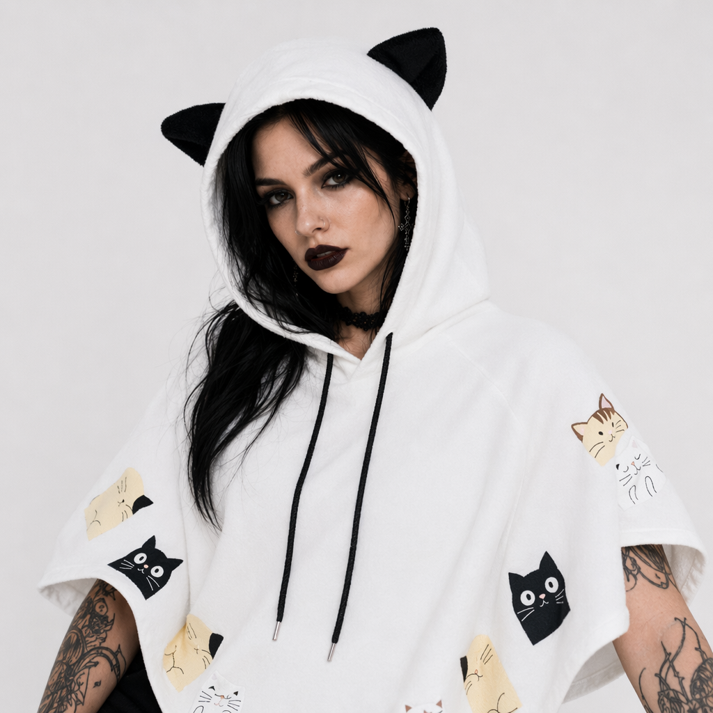Cat Family Poncho Cape with Bear Ears for Kawaii Fashion Lovers White