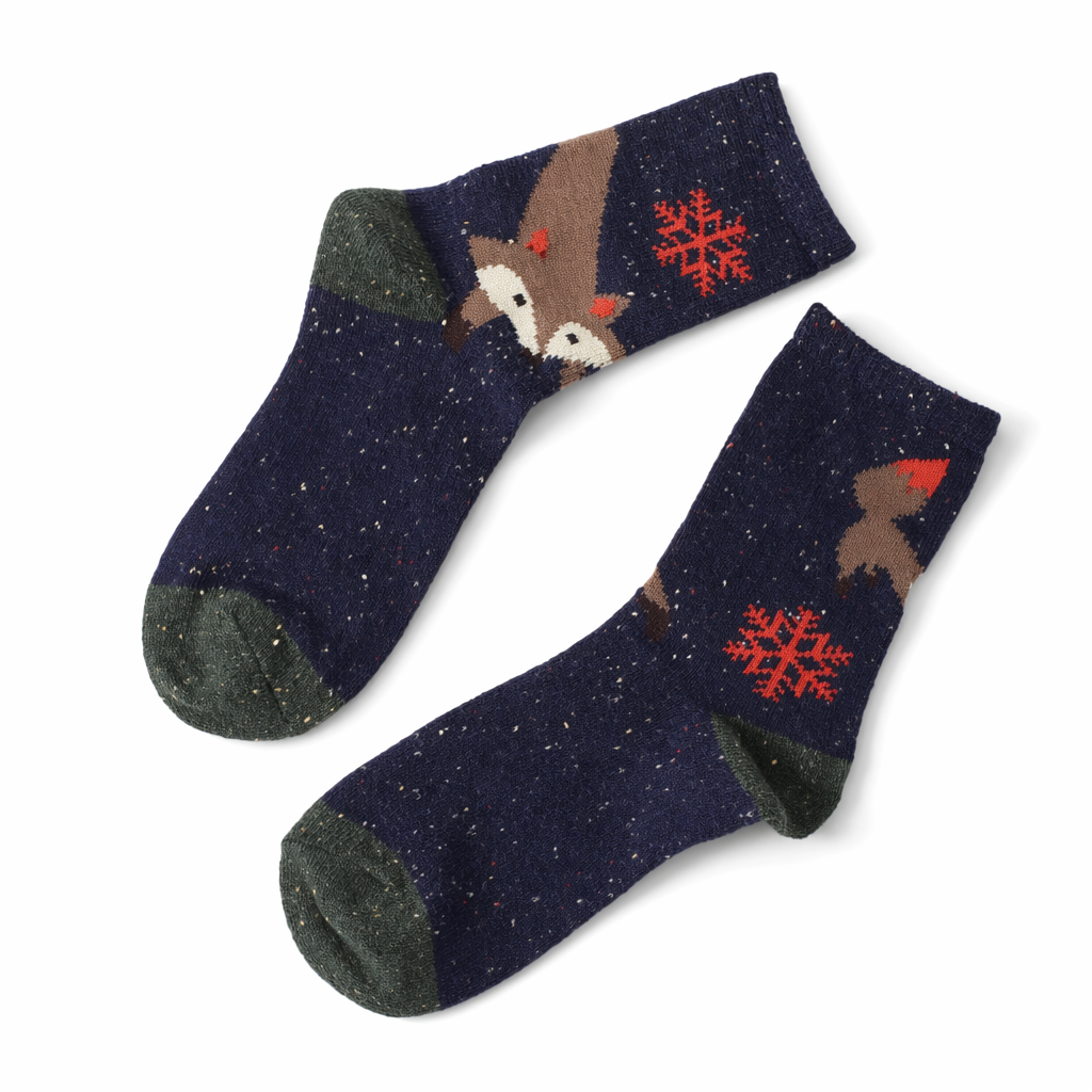 Snow Fox Christmas Socks with Embroidered Design and Vibrant Colors Navy Fox Snowflake