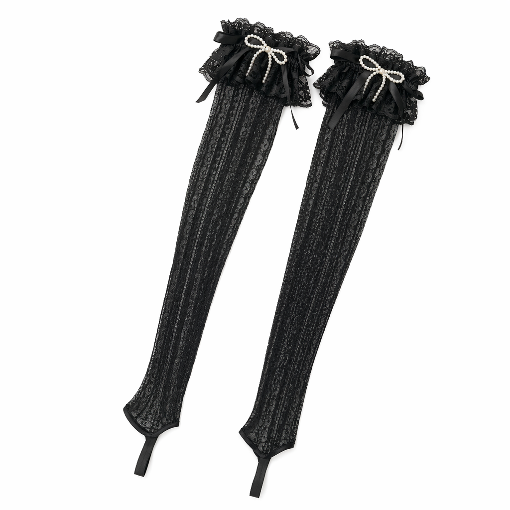 Stunning Lace Knee-High Stockings with Ruffles and Pearl Ribbon Black