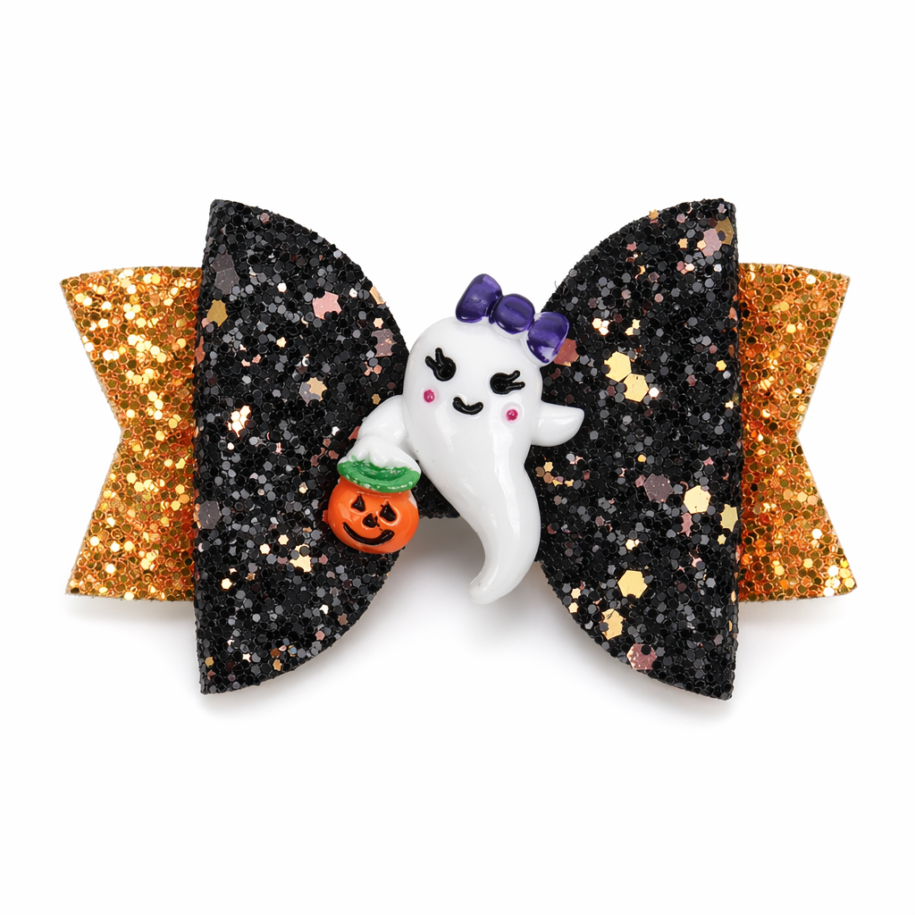 Glittery Halloween Hair Bows with Spooky Cabochons in Stock Ghost
