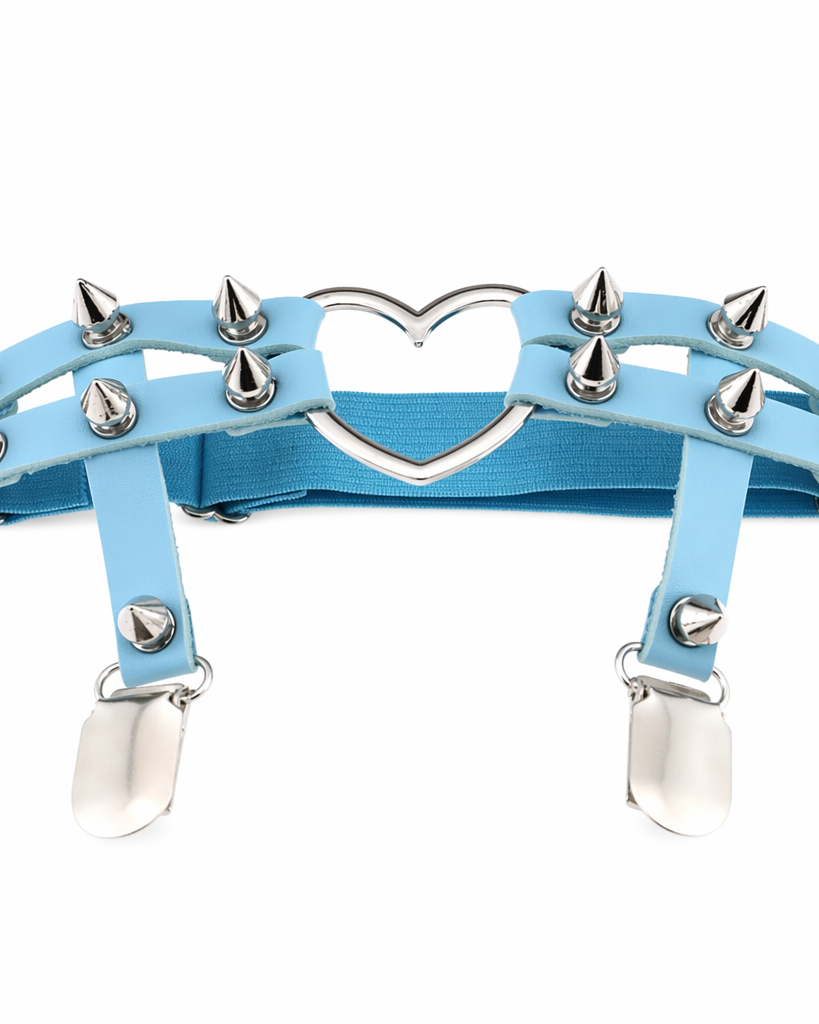 Spiky Garter Belt with Punk Rock Style and Metal Heart Blue