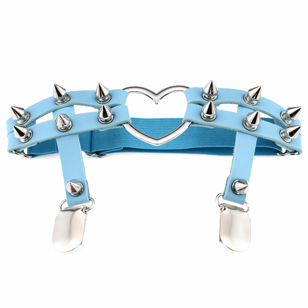 Spiky Garter Belt with Punk Rock Style and Metal Heart Blue