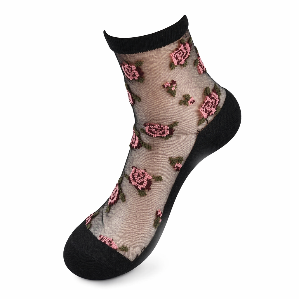 Floral Socks in Transparent Nylon for Cute Style Dark Roses