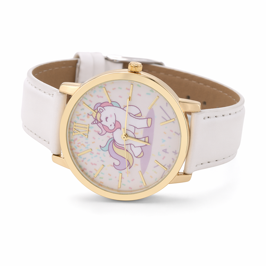 Magical Unicorn Wrist Watch with Gold Plated Hardware and Vegan Leather White