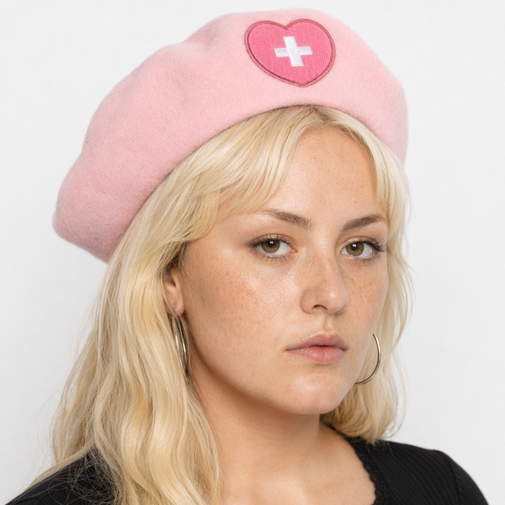 Pink Menhera Nurse Beret for Kawaii Fashion Enthusiasts Pink Cross