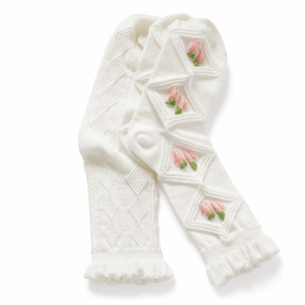Textured Angelic Socks with Knit Detailing and Rosebud Embellishments No4