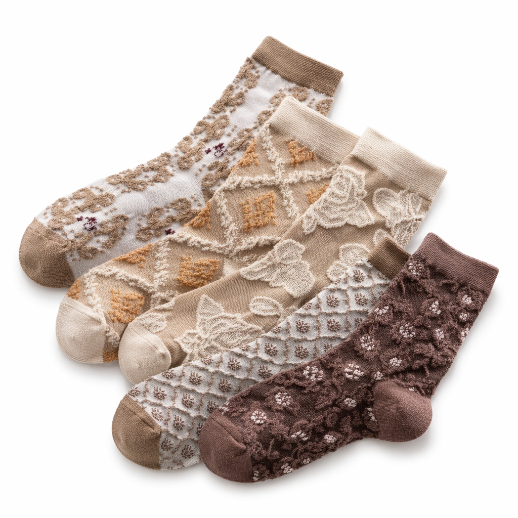 Pink Vintage Floral Socks for Kawaii and Fairycore Styles Set4-Khaki style