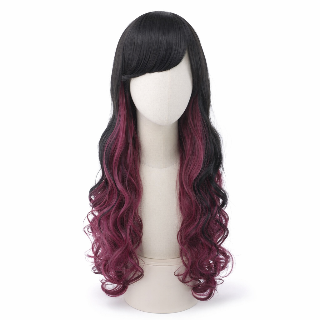 Stunning Long Cosplay Wig with Soft Fringe in Stylish Colors Curly Black Red