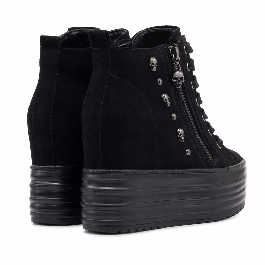 Chunky Wedge Platform Sneakers with Studs and Skull Zippers Black