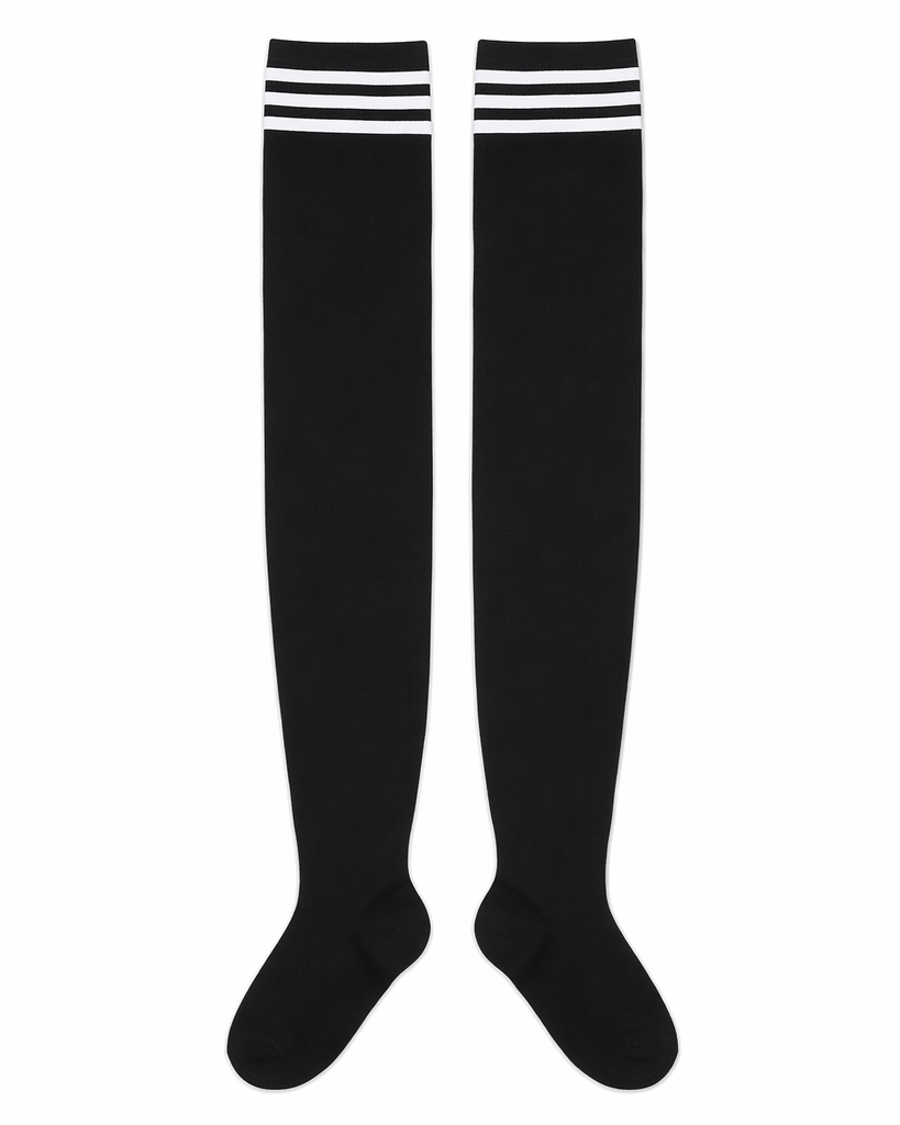 School Girl Inspired Tall Thigh High Stockings with Stripes Black