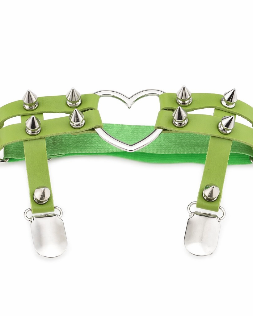 Spiky Garter Belt with Punk Rock Style and Metal Heart Green